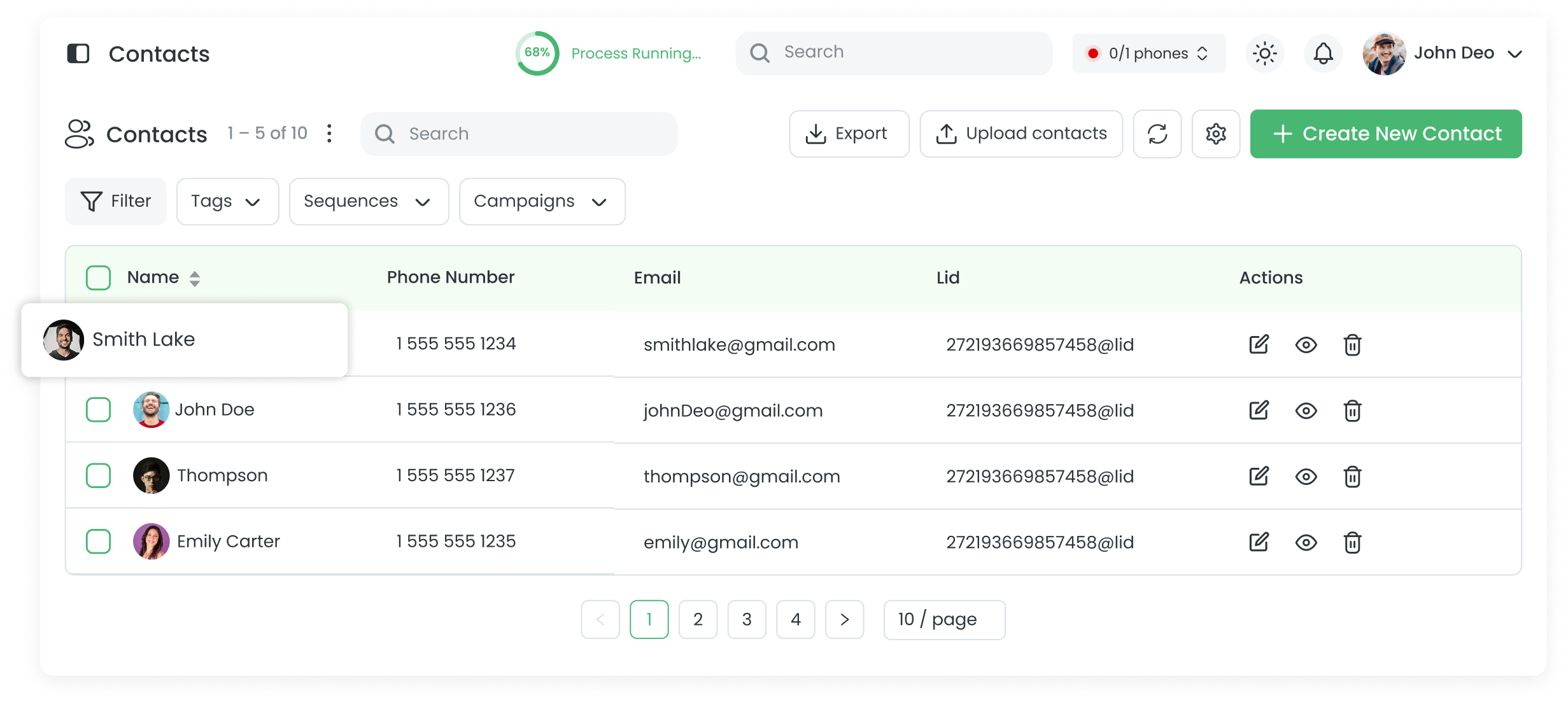 Interface de gestão de contatos do Clapvo