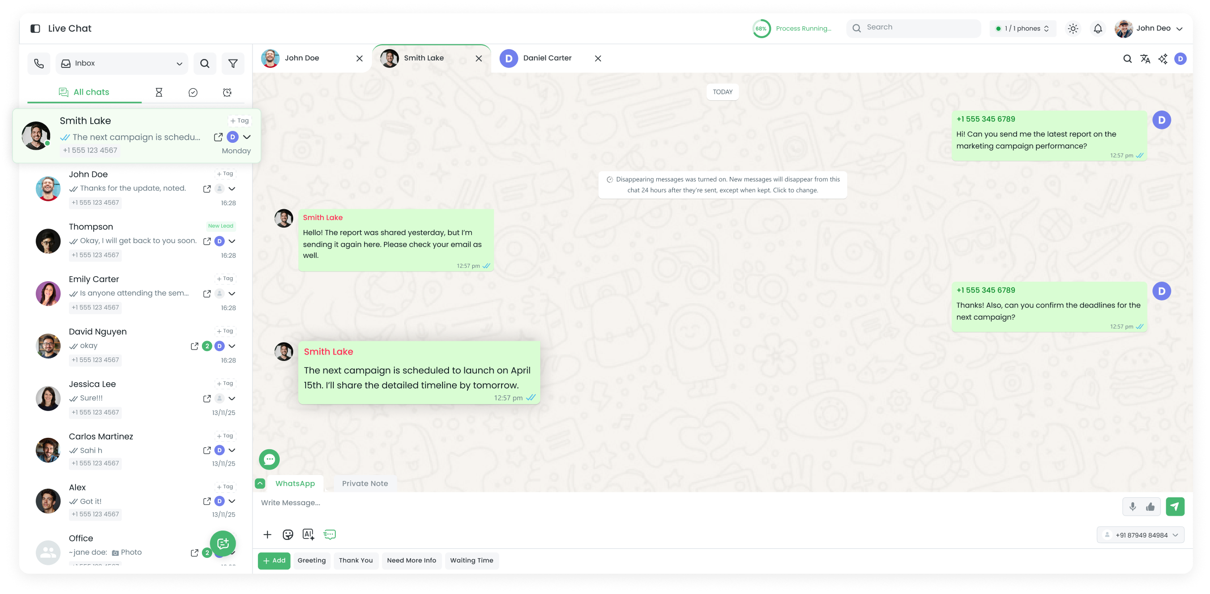 Interface da caixa de entrada compartilhada de chat ao vivo do Clapvo