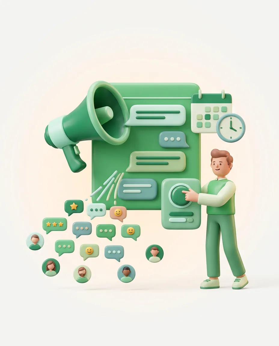 Illustration of a WhatsApp broadcast campaign reaching many contacts with scheduling