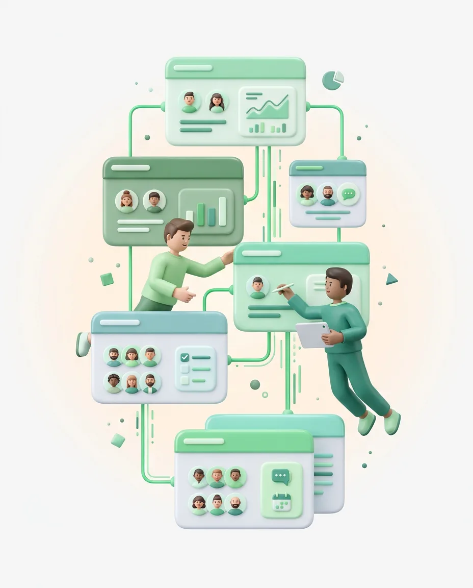 Illustration of multiple connected team and brand workspaces in one organization