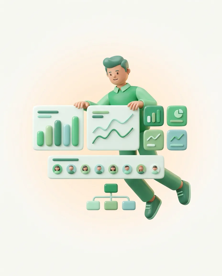 Illustration of a manager reviewing team analytics dashboards and an org structure
