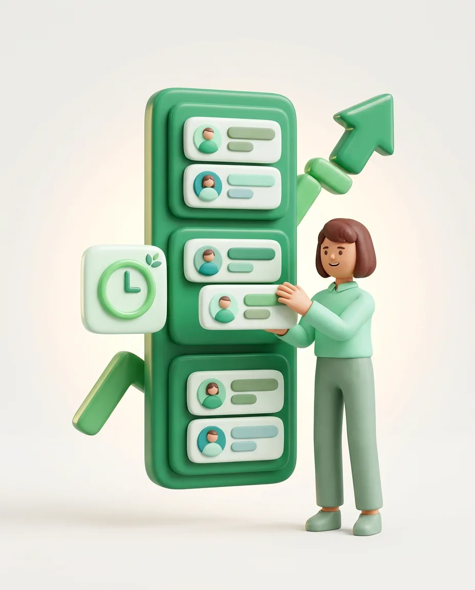 Illustration of a WhatsApp sales pipeline with lead cards, follow-up reminders, and growth