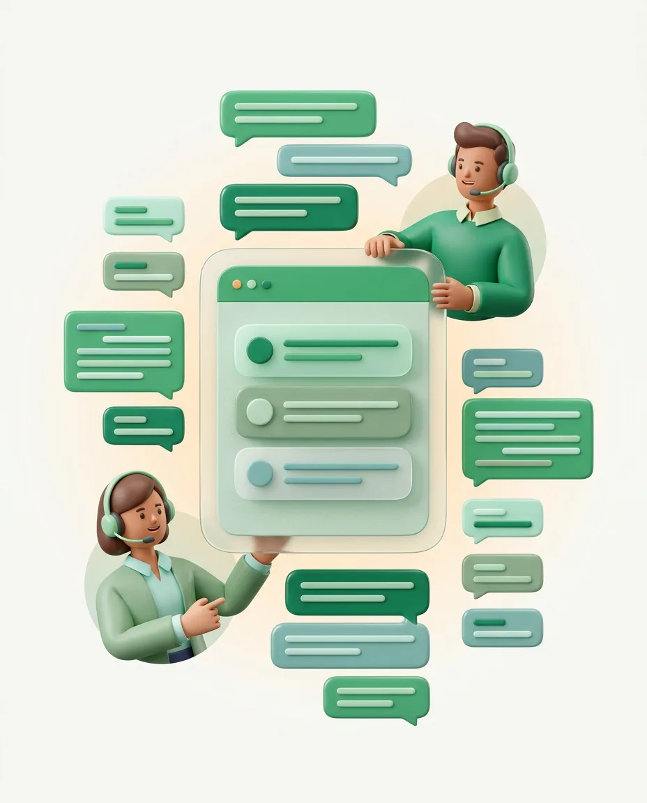 Illustration of a shared WhatsApp support inbox with team agents and organized chat threads