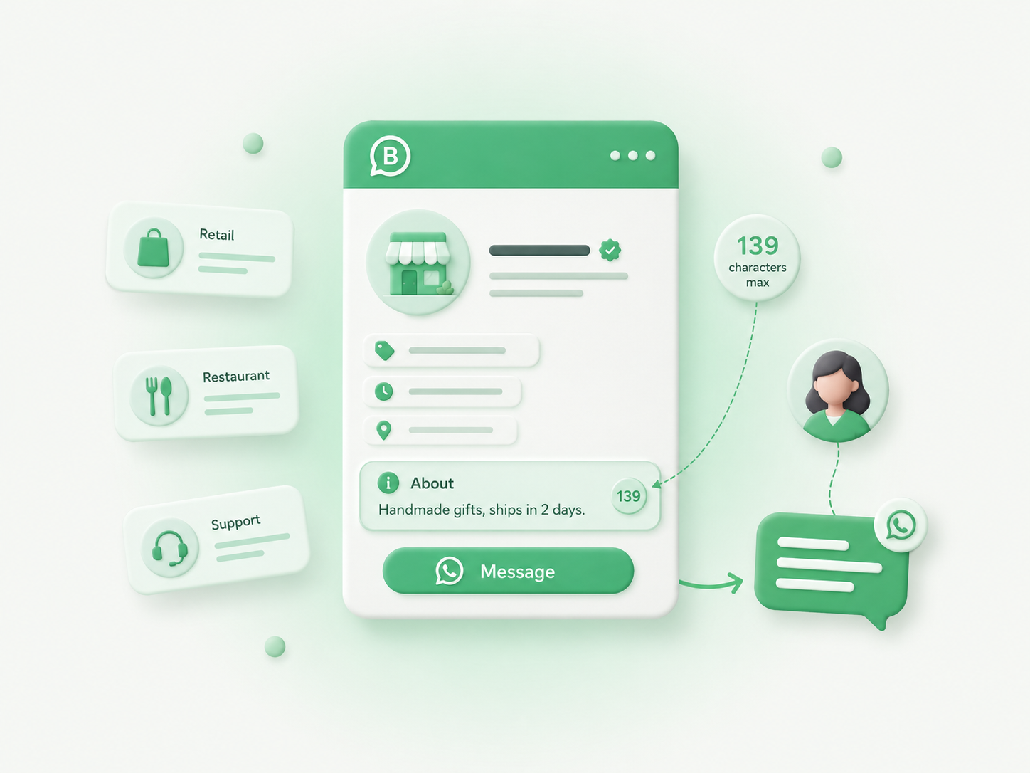 Exemplos de seção Sobre do WhatsApp Business que fazem as pessoas clicarem em conversar